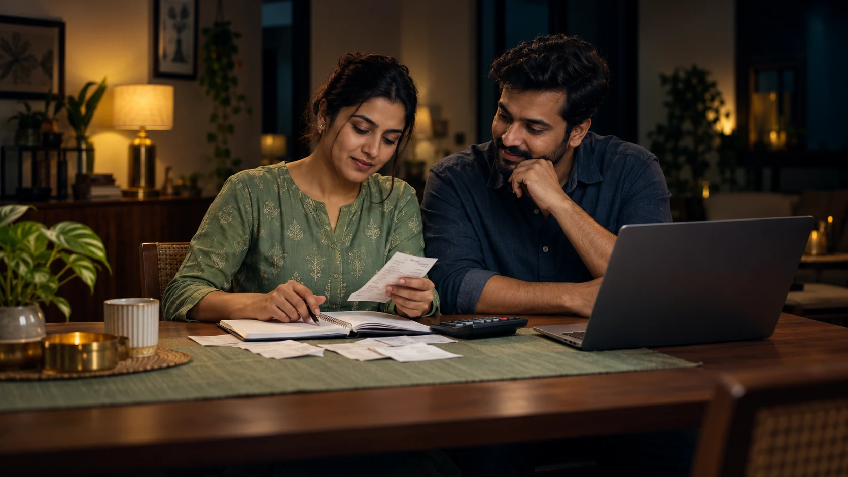 Illustrative Indian couple sitting together to plan household expenses and future goals